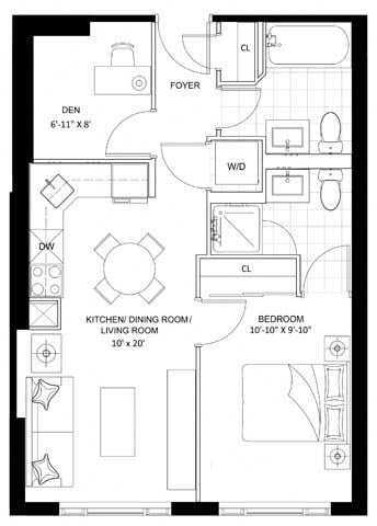 Floor plan for 1 bed, 2 baths, 589 sqft